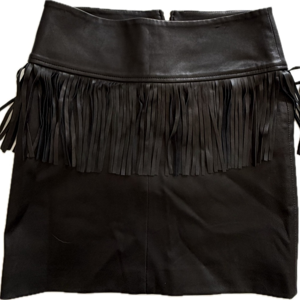 IRO Black Leather Fringe Mini Skirt